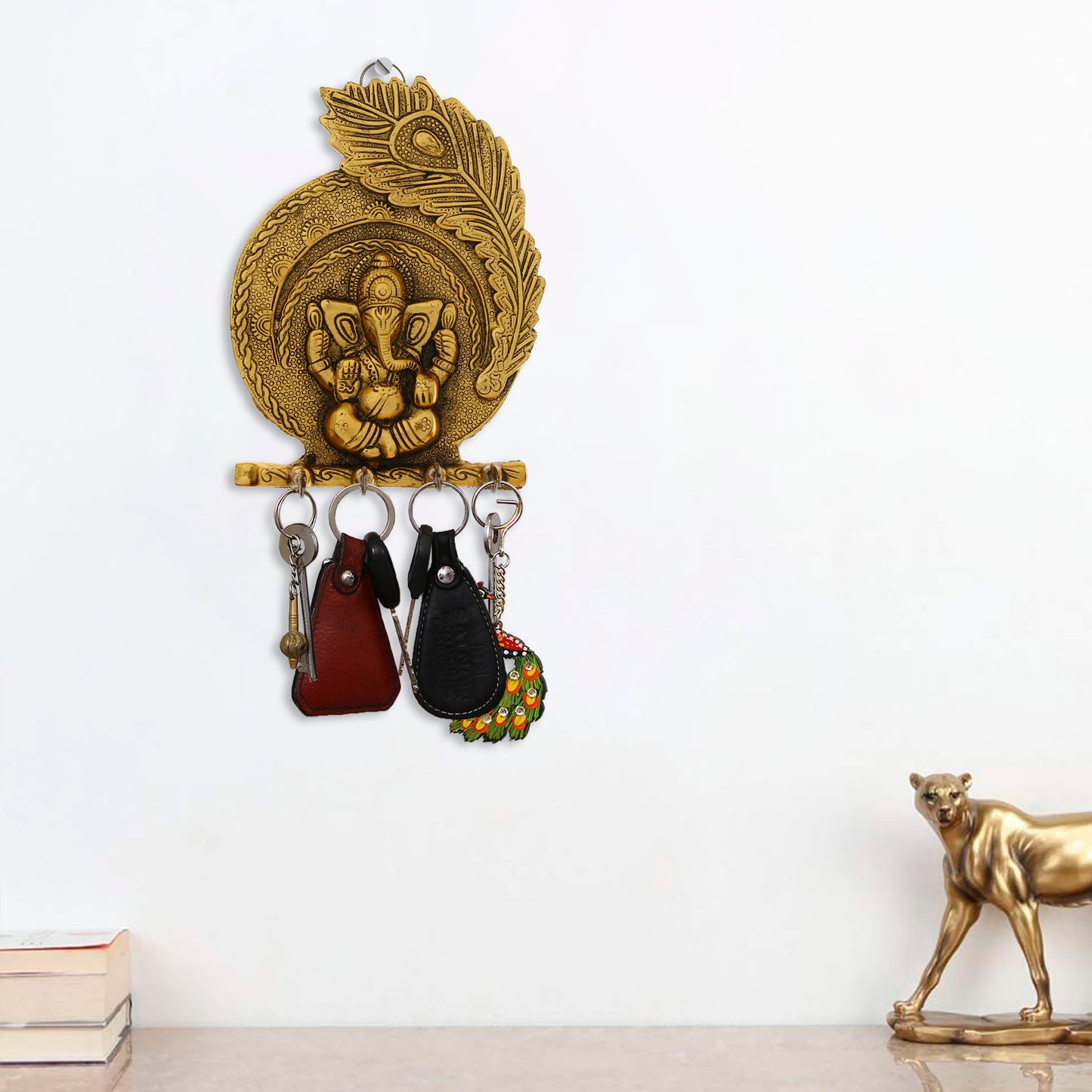 Golden Lord Ganesha Mor Pankh 4 Hooks Key Holder