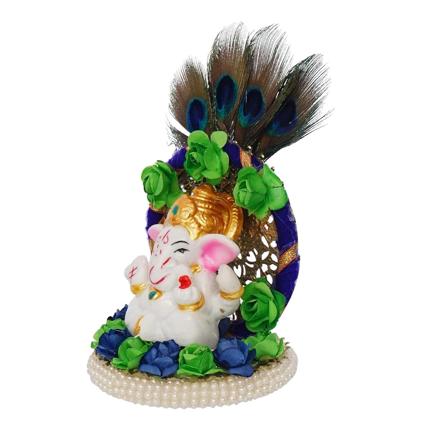 Lord Ganesha Idol on Decorative Handcrafted Floral Plate with Peacock Feather