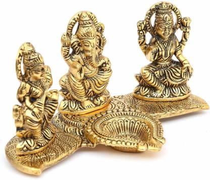 Design Gold Plated Lakshmi Ganesh Saraswati Idol with Deepak