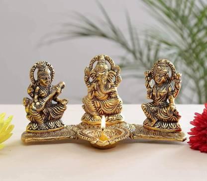 Design Gold Plated Lakshmi Ganesh Saraswati Idol with Deepak
