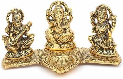 Design Gold Plated Lakshmi Ganesh Saraswati Idol with Deepak