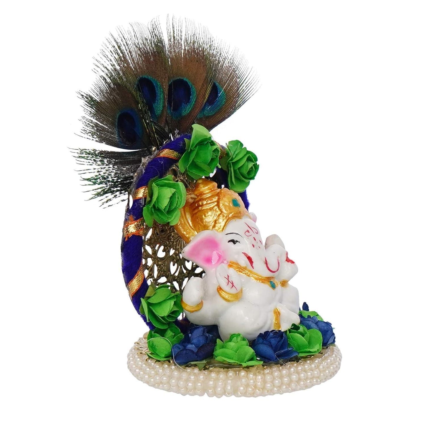 Lord Ganesha Idol on Decorative Handcrafted Floral Plate with Peacock Feather