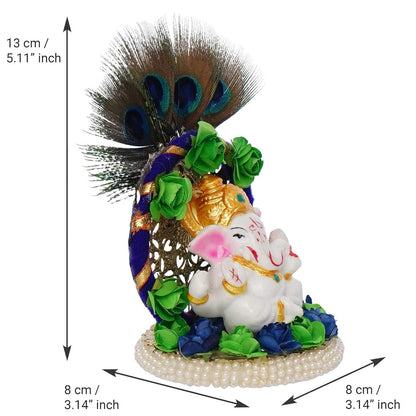 Lord Ganesha Idol on Decorative Handcrafted Floral Plate with Peacock Feather